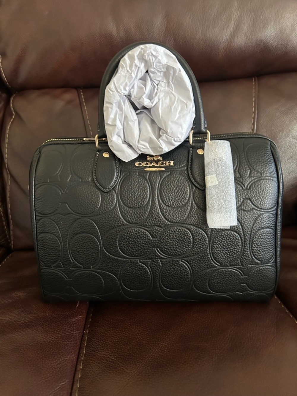 Coach Black Embossed Leather Satchel with Gold Hardware